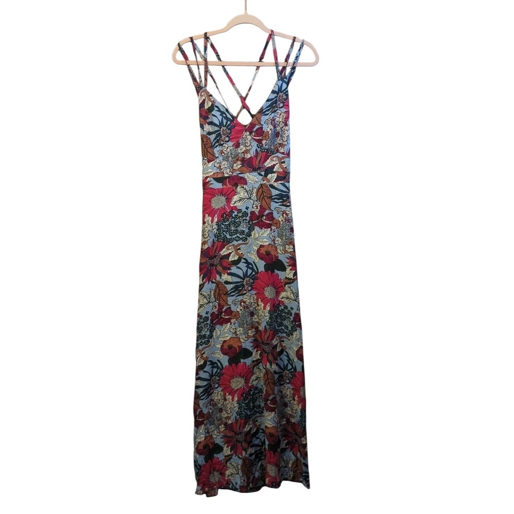 Hummingbird Floral Maxi Dress Beach Vacation Garden Party Resort Boho Flowy Sz L